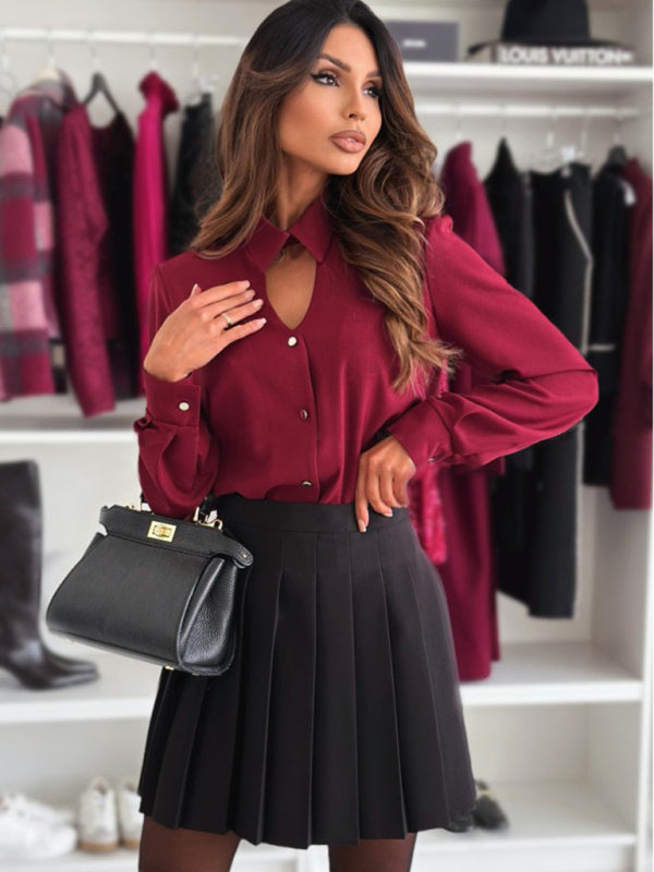 Women Long Sleeve Lapel Cutout Front Shirt Tops