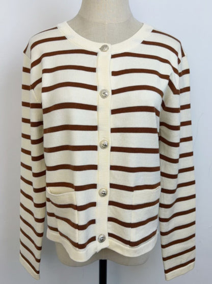 Women round neck gold button cardigan sweater striped knitted outerwear tops shirt