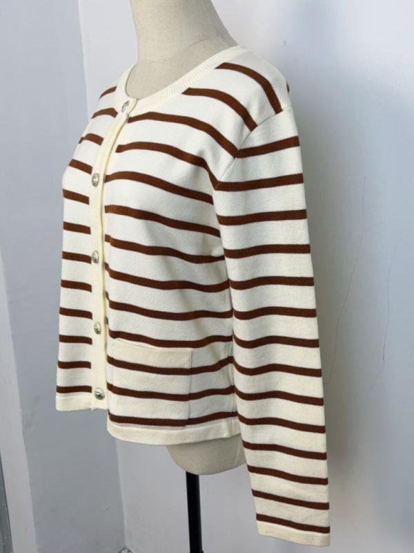 Women round neck gold button cardigan sweater striped knitted outerwear tops shirt