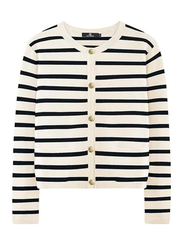 Women round neck gold button cardigan sweater striped knitted outerwear tops shirt