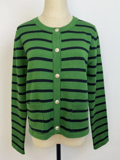 Women round neck gold button cardigan sweater striped knitted outerwear tops shirt