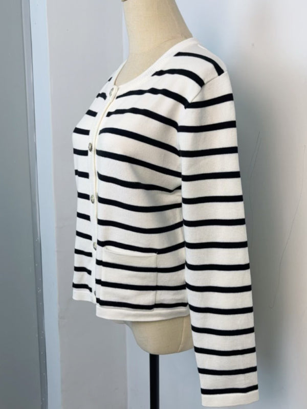 Women round neck gold button cardigan sweater striped knitted outerwear tops shirt