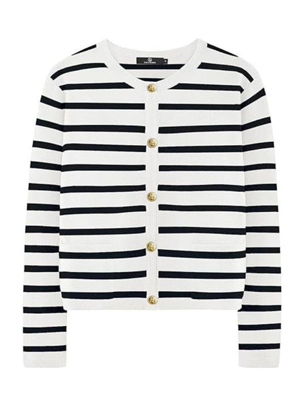 Women round neck gold button cardigan sweater striped knitted outerwear tops shirt