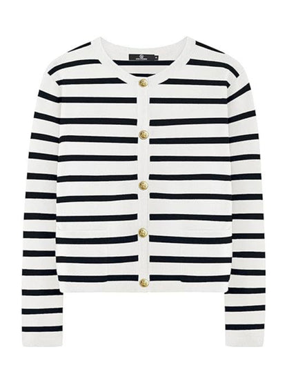 Women round neck gold button cardigan sweater striped knitted outerwear tops shirt