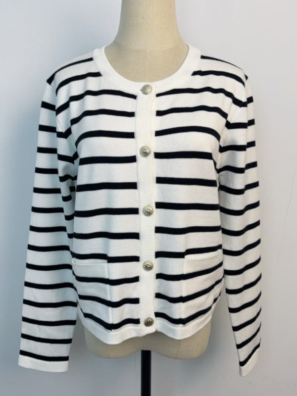 Women round neck gold button cardigan sweater striped knitted outerwear tops shirt