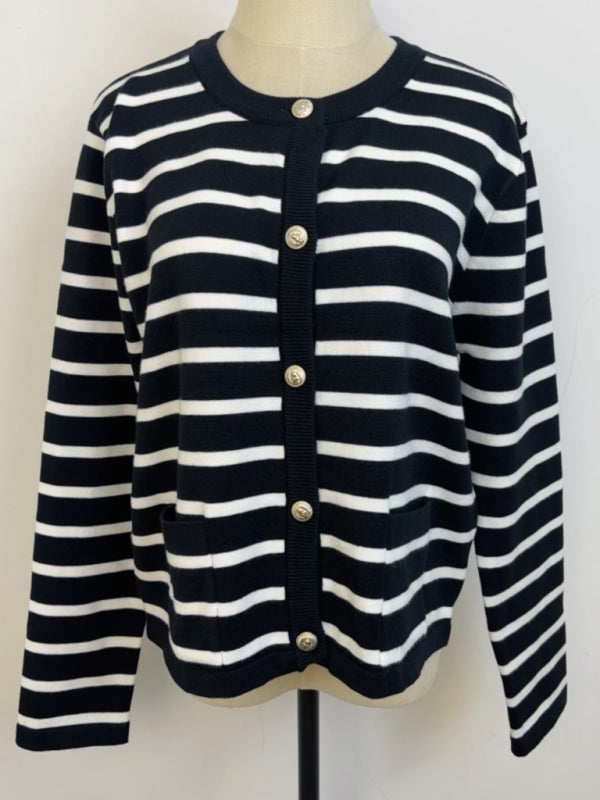 Women round neck gold button cardigan sweater striped knitted outerwear tops shirt