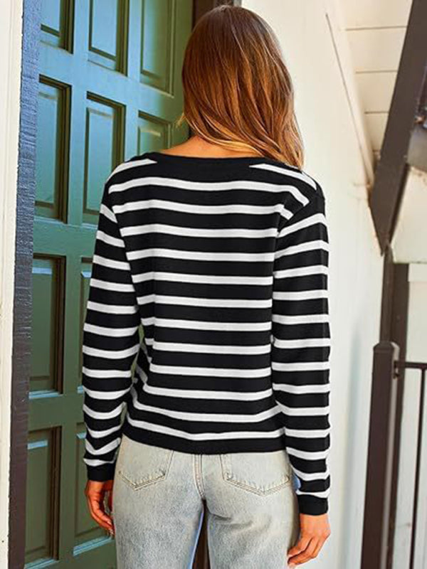 Women round neck gold button cardigan sweater striped knitted outerwear tops shirt