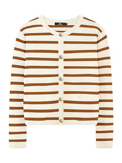 Women round neck gold button cardigan sweater striped knitted outerwear tops shirt