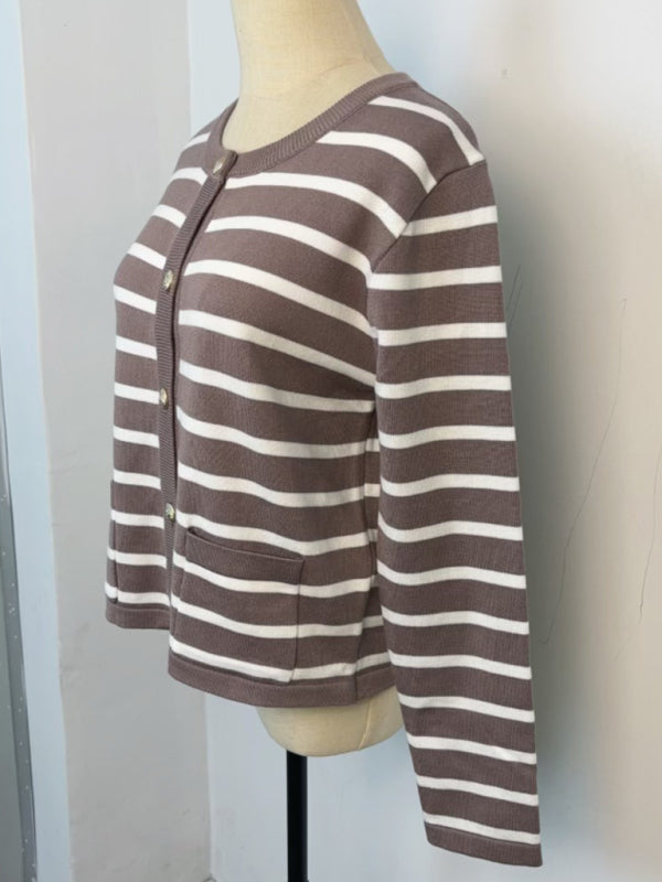 Women round neck gold button cardigan sweater striped knitted outerwear tops shirt