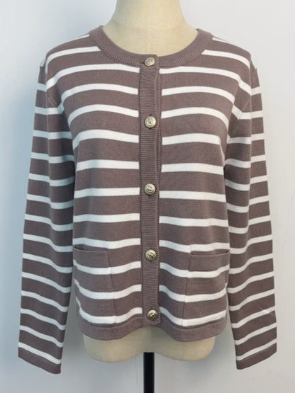 Women round neck gold button cardigan sweater striped knitted outerwear tops shirt