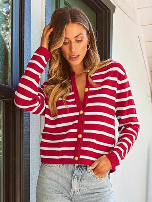 Women round neck gold button cardigan sweater striped knitted outerwear tops shirt