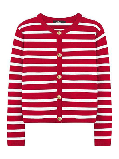 Women round neck gold button cardigan sweater striped knitted outerwear tops shirt