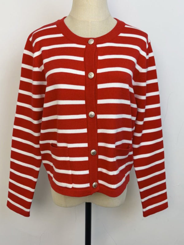 Women round neck gold button cardigan sweater striped knitted outerwear tops shirt