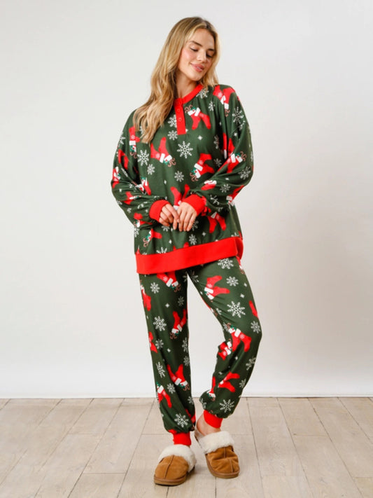 Women Christmas Print Button Long Sleeve Two-piece Fashion Tops + Pant Sets