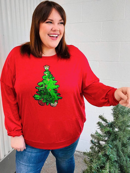 Women's Christmas Tree Holiday Sequin Top Casual Loose Sweatshirt