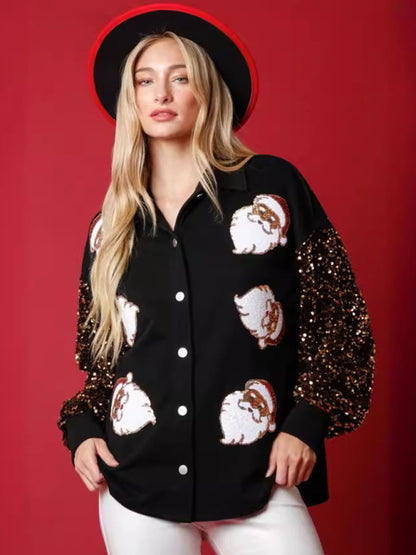 Women Christmas Santa Claus Decor Long Sleeve Fleece Sweater Sequin Sleeve Jacket Tops