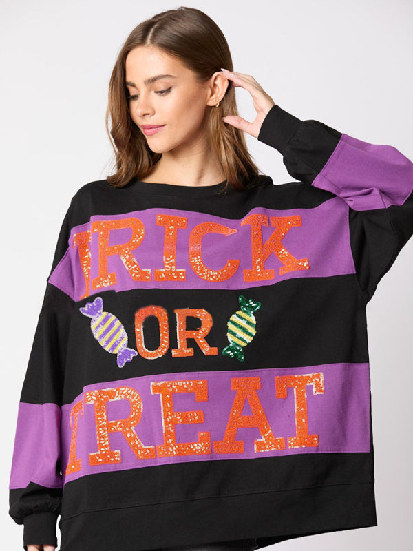 Women Halloween Letters Sequined Colorblock Sweater Casual Tops