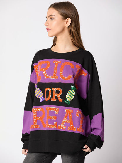 Women Halloween Letters Sequined Colorblock Sweater Casual Tops