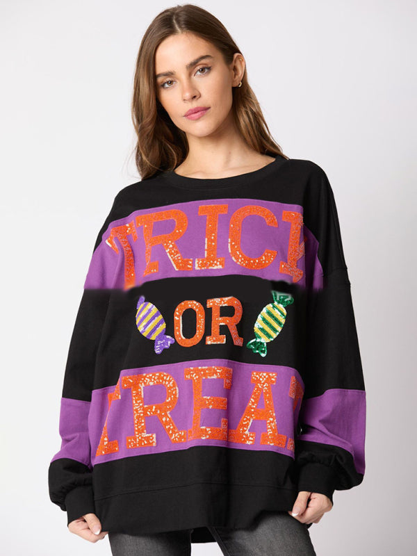 Women Halloween Letters Sequined Colorblock Sweater Casual Tops