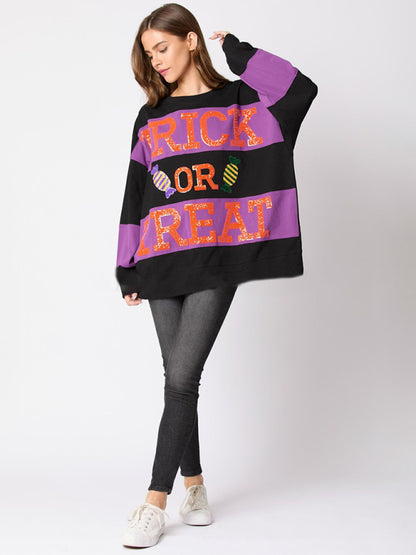 Women Halloween Letters Sequined Colorblock Sweater Casual Tops