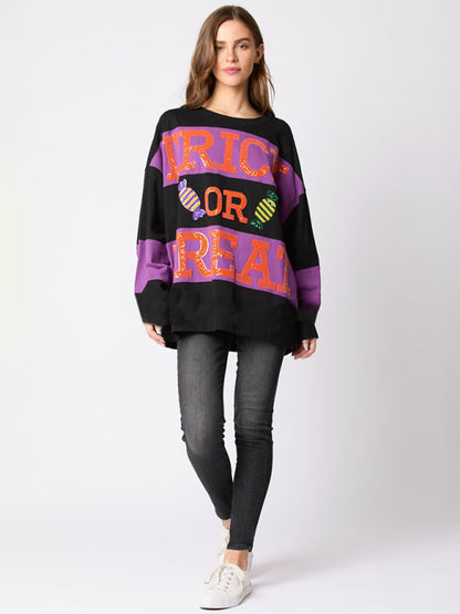 Women Halloween Letters Sequined Colorblock Sweater Casual Tops