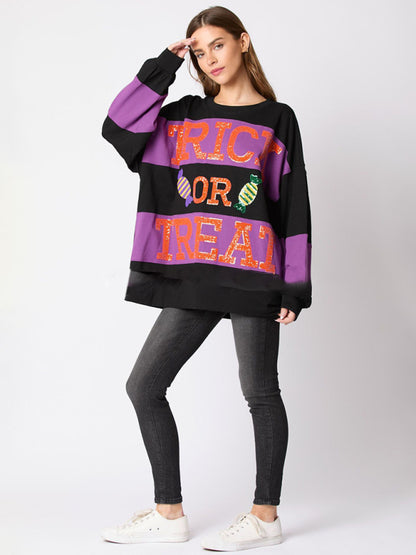 Women Halloween Letters Sequined Colorblock Sweater Casual Tops