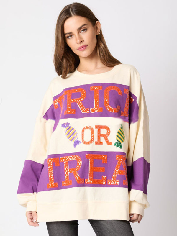 Women Halloween Letters Sequined Colorblock Sweater Casual Tops