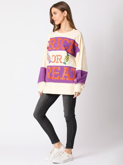 Women Halloween Letters Sequined Colorblock Sweater Casual Tops