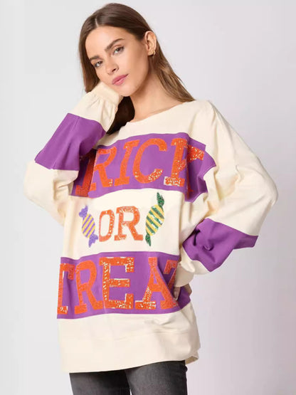 Women Halloween Letters Sequined Colorblock Sweater Casual Tops