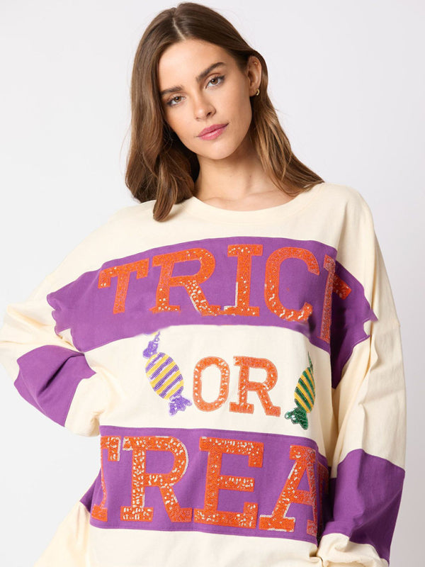 Women Halloween Letters Sequined Colorblock Sweater Casual Tops