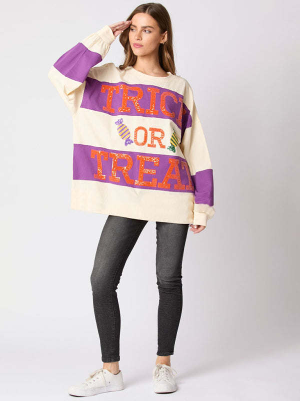 Women Halloween Letters Sequined Colorblock Sweater Casual Tops