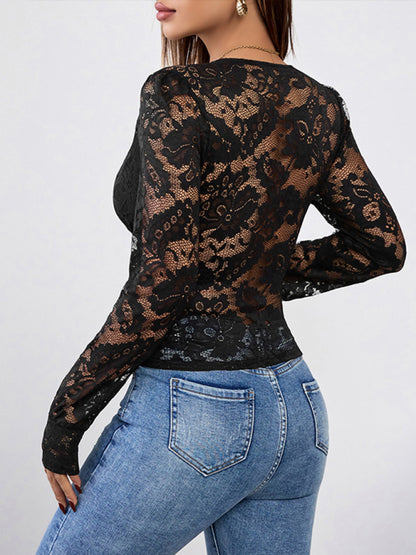 Women Lace Black Sexy Long Sleeves Black Tops