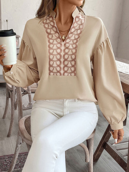 Women long-sleeved stand-up collar ethnic stylish printed shirts tops