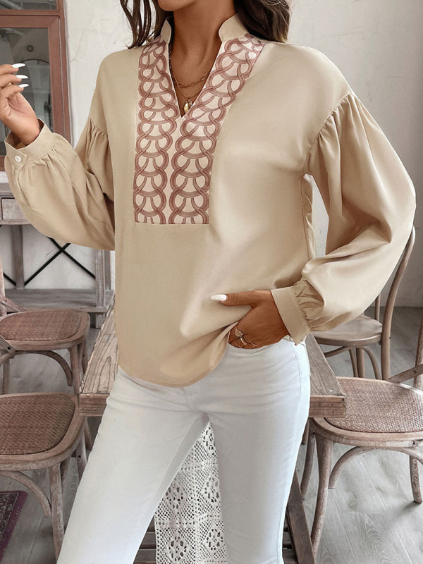 Women long-sleeved stand-up collar ethnic stylish printed shirts tops