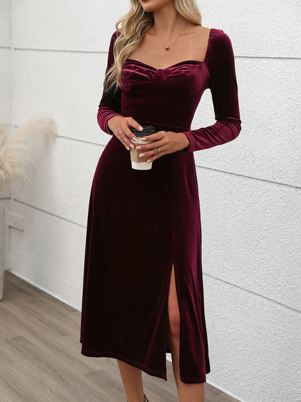 Women Long Sleeves Slim Fit velvet slit Long Party dress