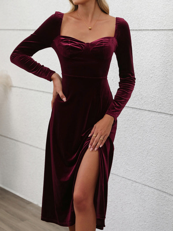 Women Long Sleeves Slim Fit velvet slit Long Party dress