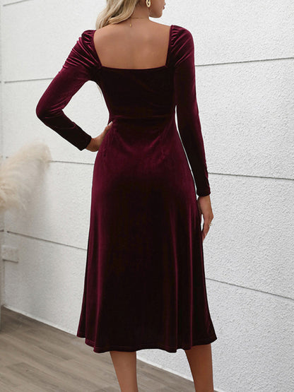 Women Long Sleeves Slim Fit velvet slit Long Party dress