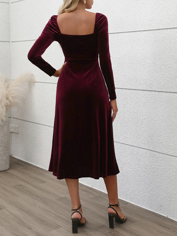 Women Long Sleeves Slim Fit velvet slit Long Party dress