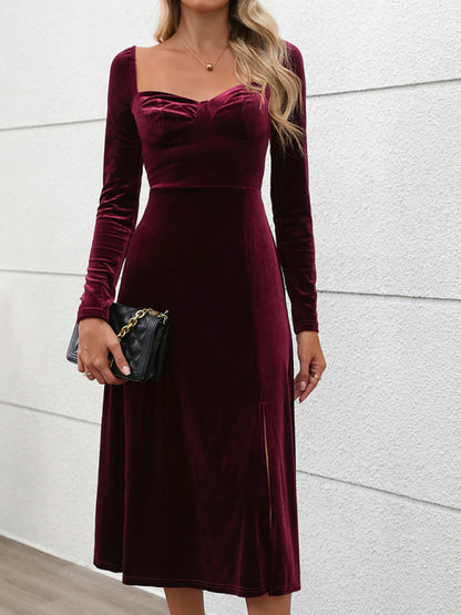 Women Long Sleeves Slim Fit velvet slit Long Party dress