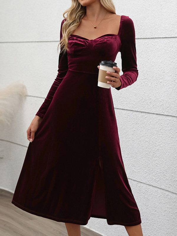 Women Long Sleeves Slim Fit velvet slit Long Party dress