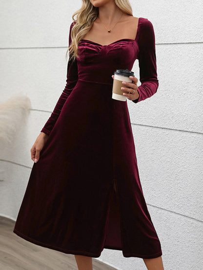 Women Long Sleeves Slim Fit velvet slit Long Party dress