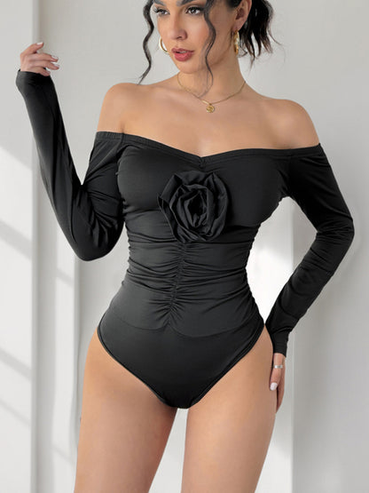 Off-shoulder sexy jumpsuit 3D flower one-shoulder slim bodysuits