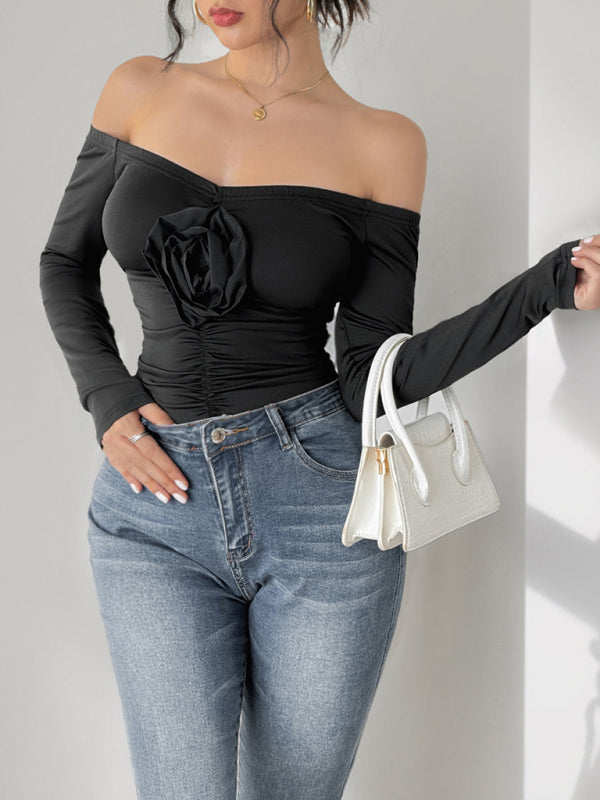 Off-shoulder sexy jumpsuit 3D flower one-shoulder slim bodysuits