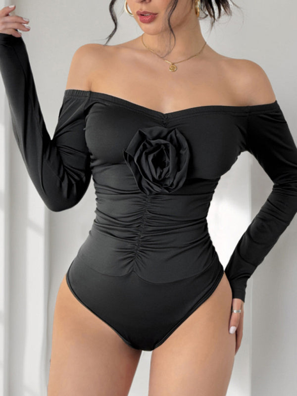 Off-shoulder sexy jumpsuit 3D flower one-shoulder slim bodysuits