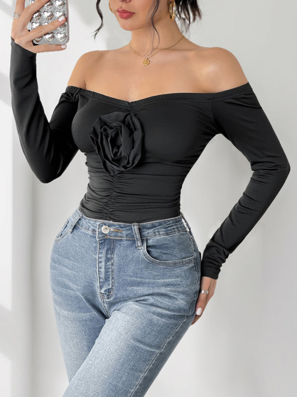 Off-shoulder sexy jumpsuit 3D flower one-shoulder slim bodysuits