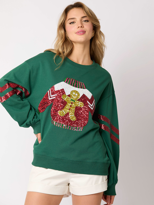 Women Christmas Sequins Round Neck Tops Sweatshirt Shirts