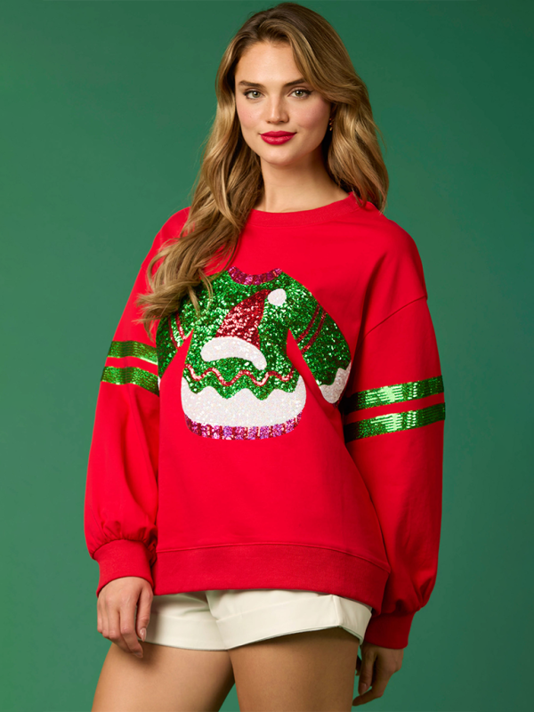 Women Christmas Sequins Round Neck Tops Sweatshirt Shirts