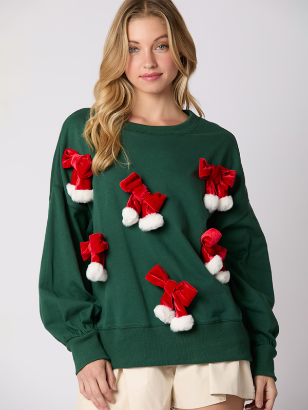 Women Christmas Bow Decoration Tops Long Sleeve Pullover Sweatshirts