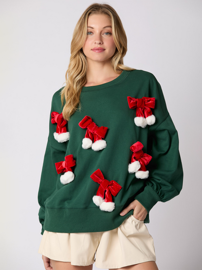 Women Christmas Bow Decoration Tops Long Sleeve Pullover Sweatshirts