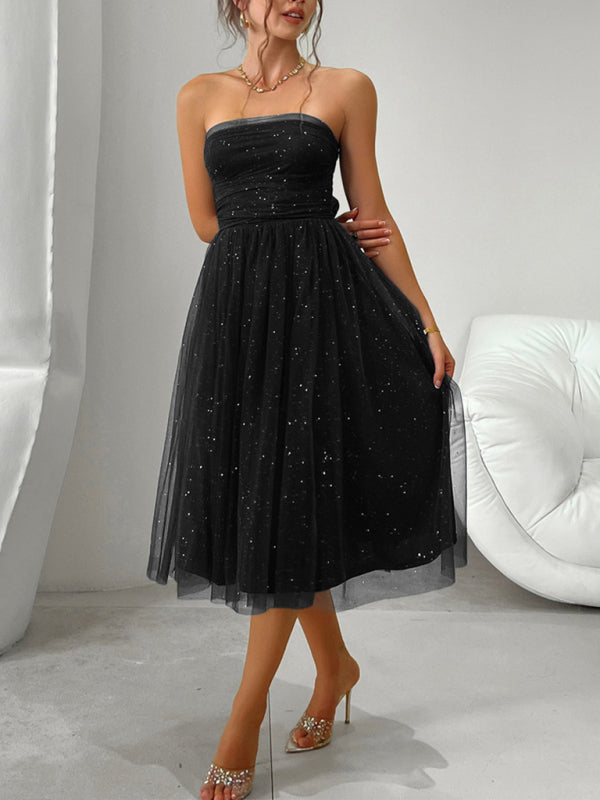 Women Fashion Romantic Strapless high waist mesh Party Evening Dress